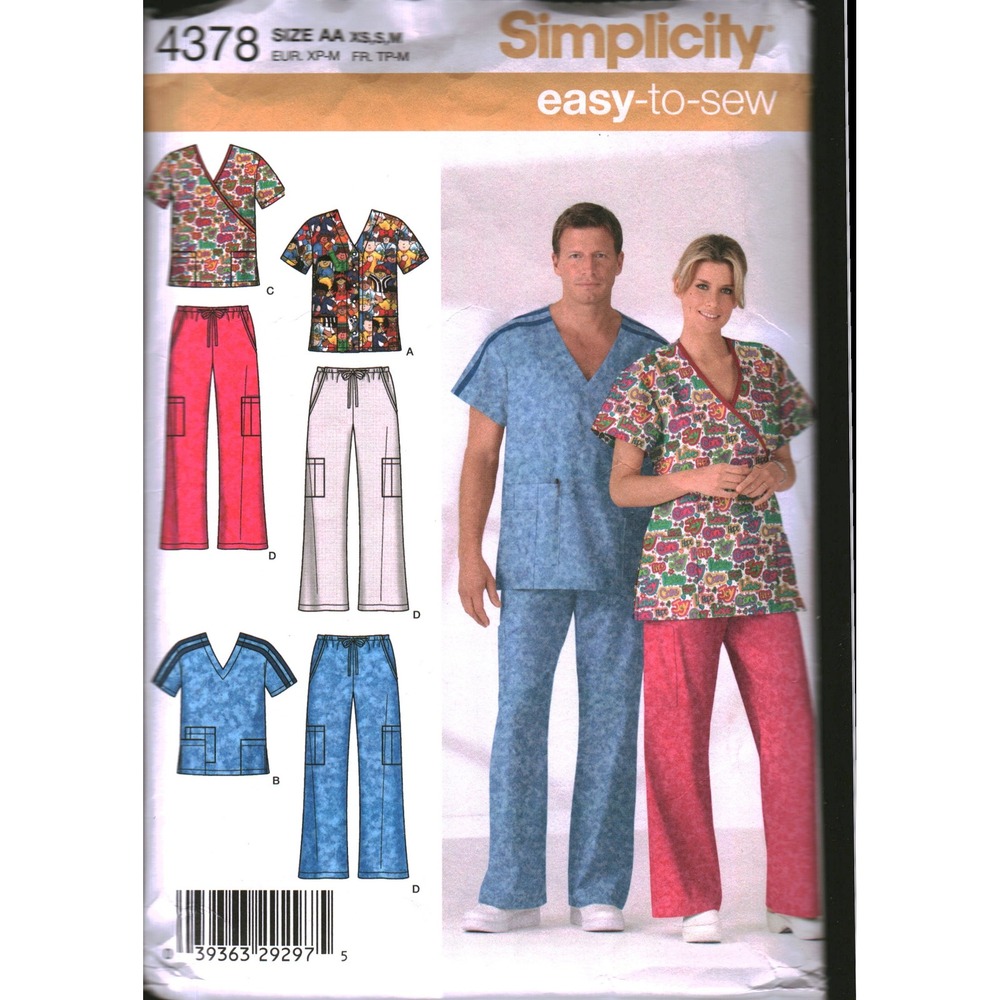 Simplicity 4378 Unisex Scrub Tops and Cargo Pants Sewing Pattern Size XS